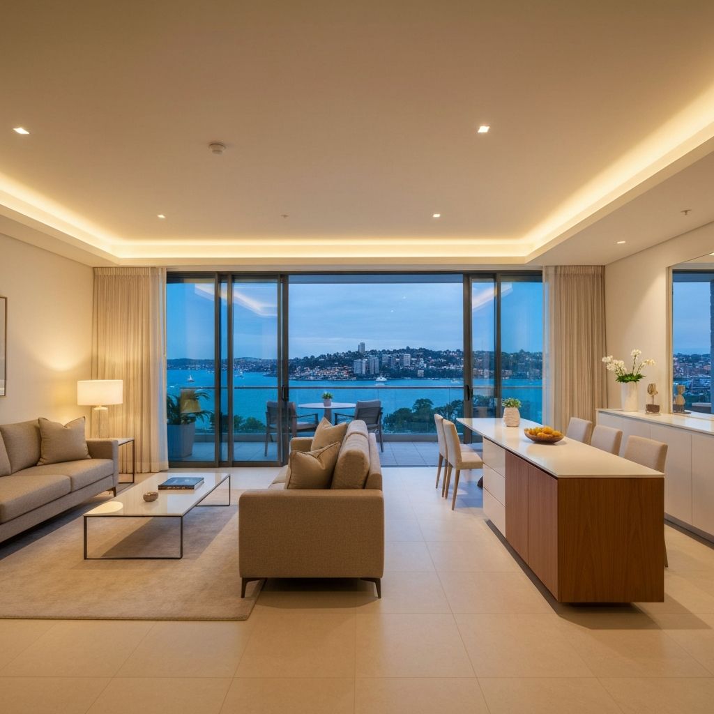 Spacious modern apartment interior with floor-to-ceiling windows overlooking Darling Harbour