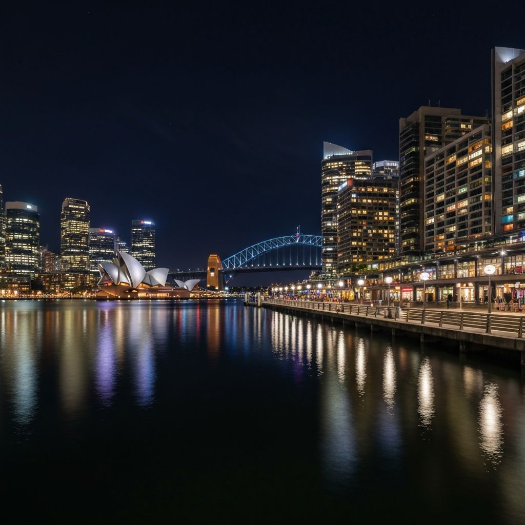 Darling Harbour Sydney waterfront at night showing the surrounding precinct and city lights